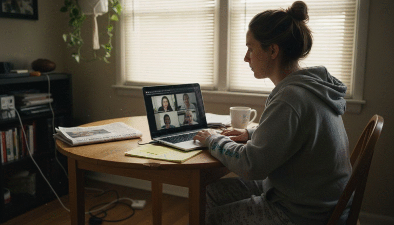 Woman attending online support group at home