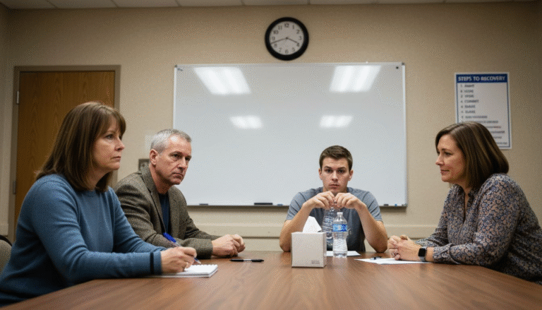 Family meeting with counselor in rehab room