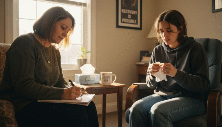 Counselor speaking with client in corner office