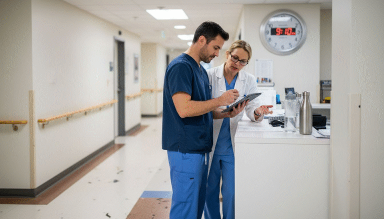 Medical staff reviewing patient charts in rehab