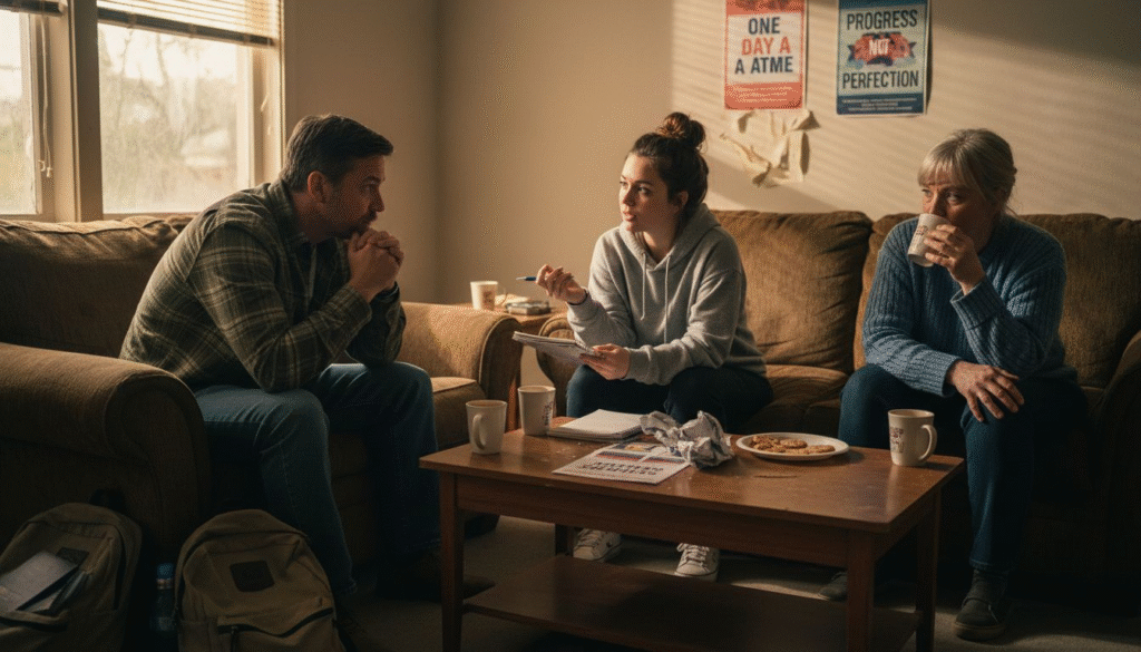 Group in rehab discussing support together