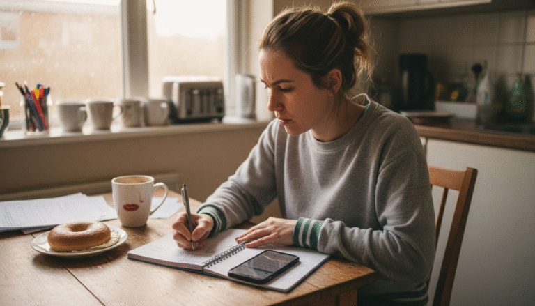 Woman scheduling recovery sessions at kitchen table
