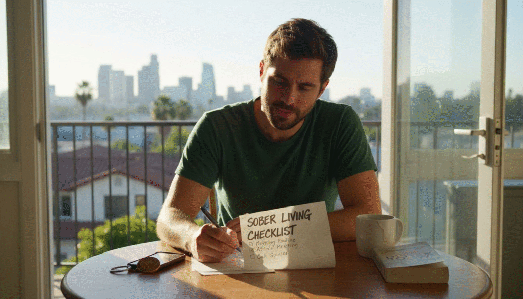 Man marking items on sober living checklist in sunny Los Angeles apartment