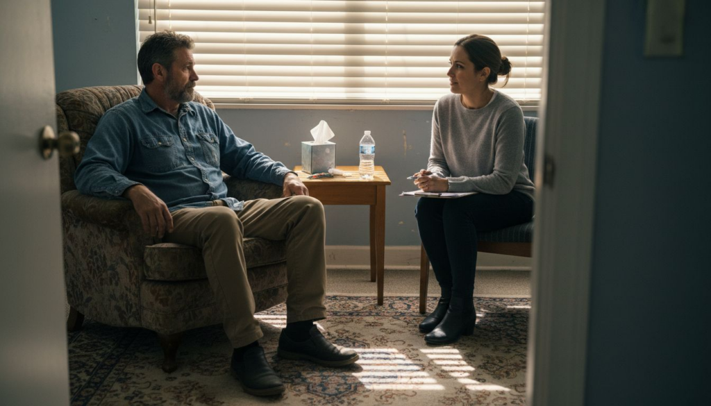 Therapist and patient in recovery clinic office