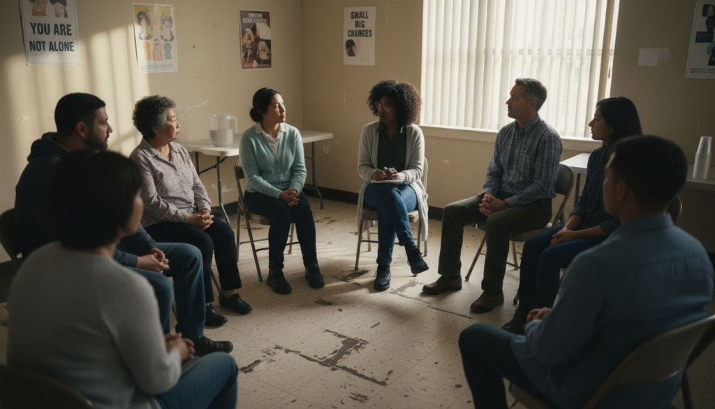 Group therapy aftercare meeting in progress