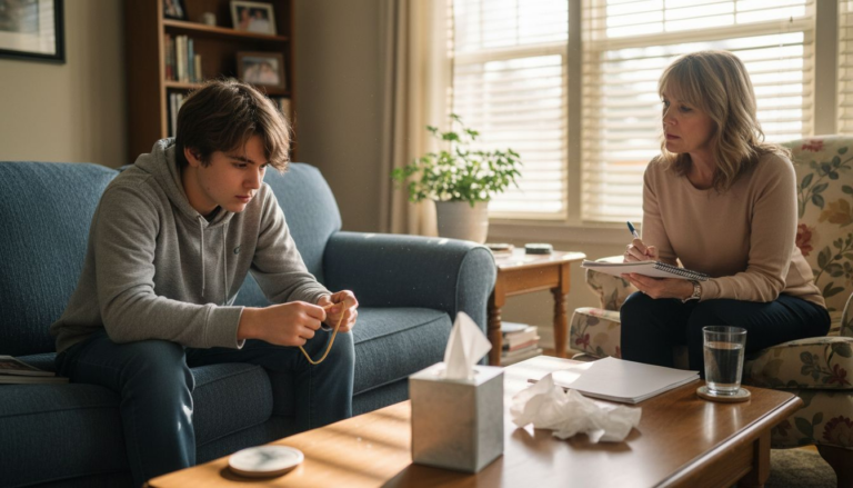 Teen and therapist in casual living room session