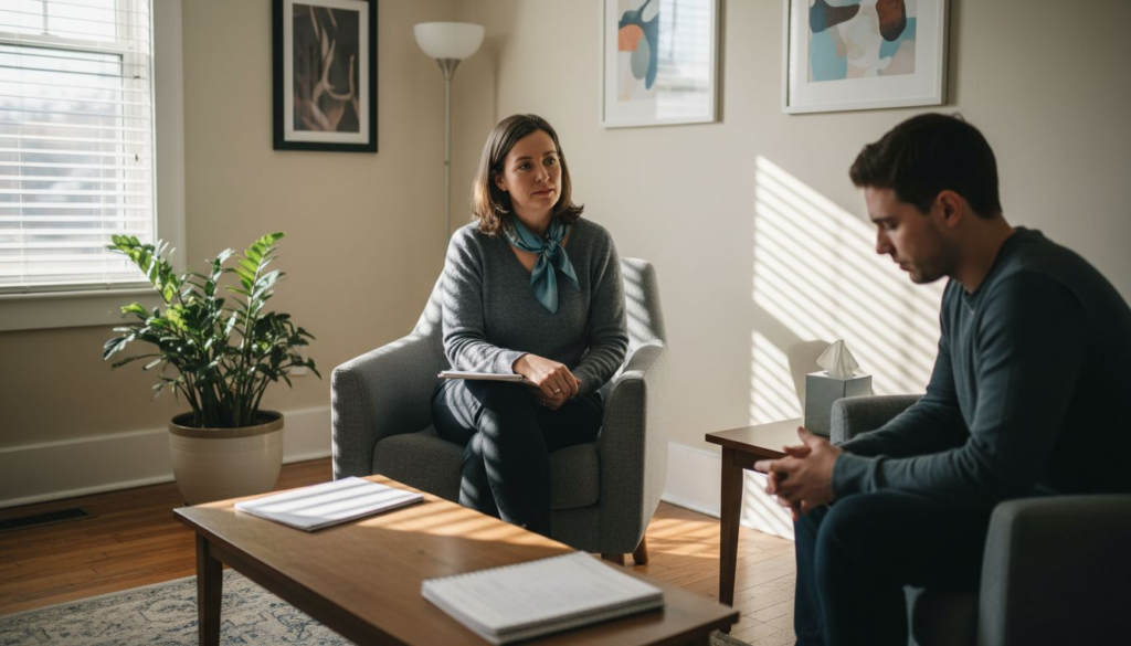 Counselor meeting with client in therapy office