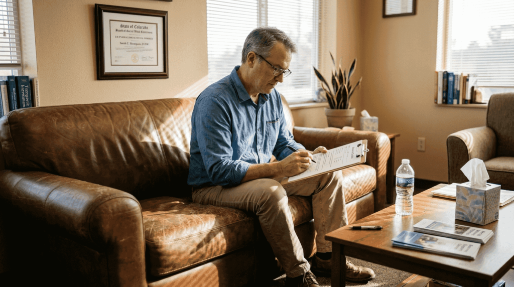 Man completing aftercare checklist in counseling office