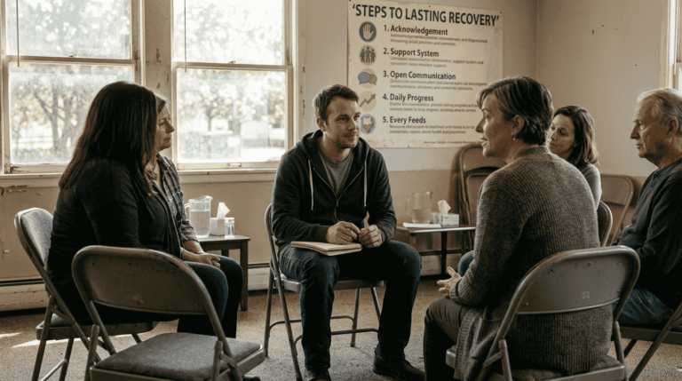 Man in group therapy during aftercare transition