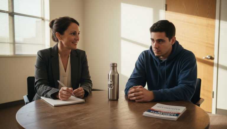 Counselor meeting client in LA clinic office