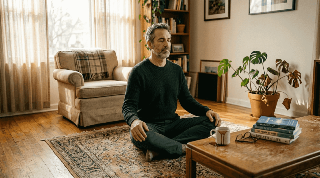 Man practicing mindfulness at home in morning