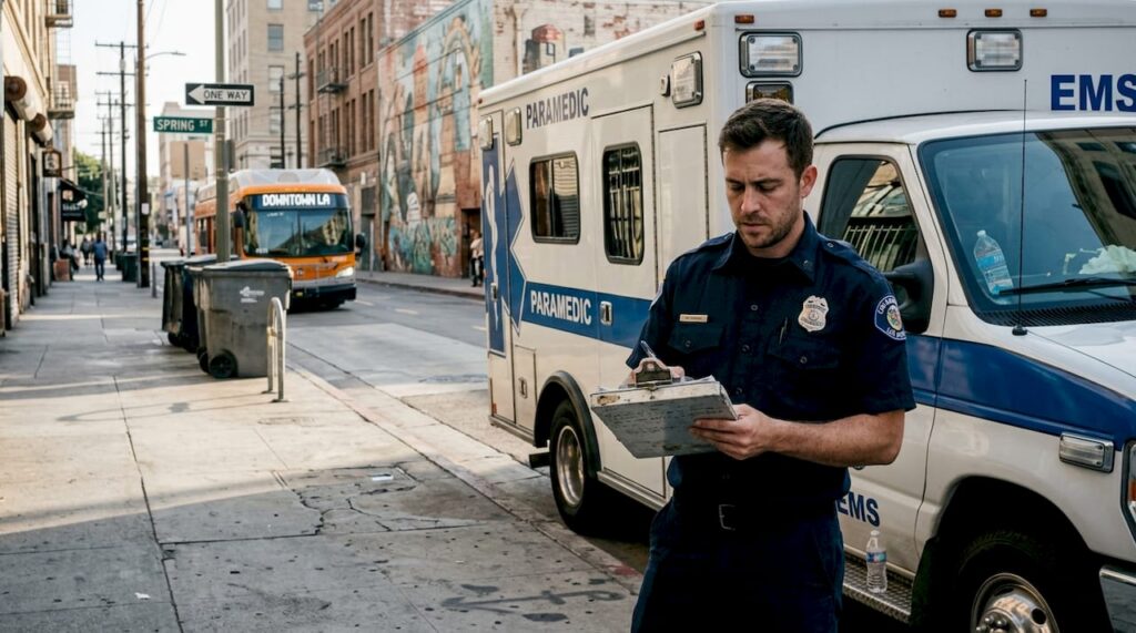 Paramedic near ambulance in downtown Los Angeles