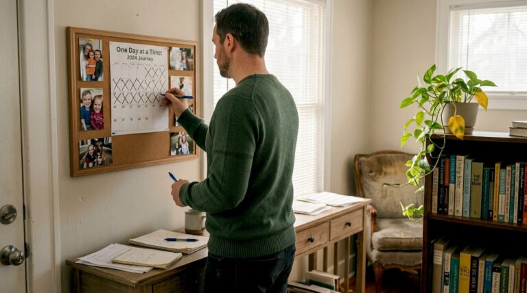 Man marking sobriety milestone in cozy living room