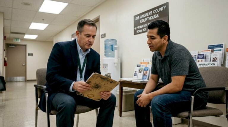 Case manager and client meet at courthouse