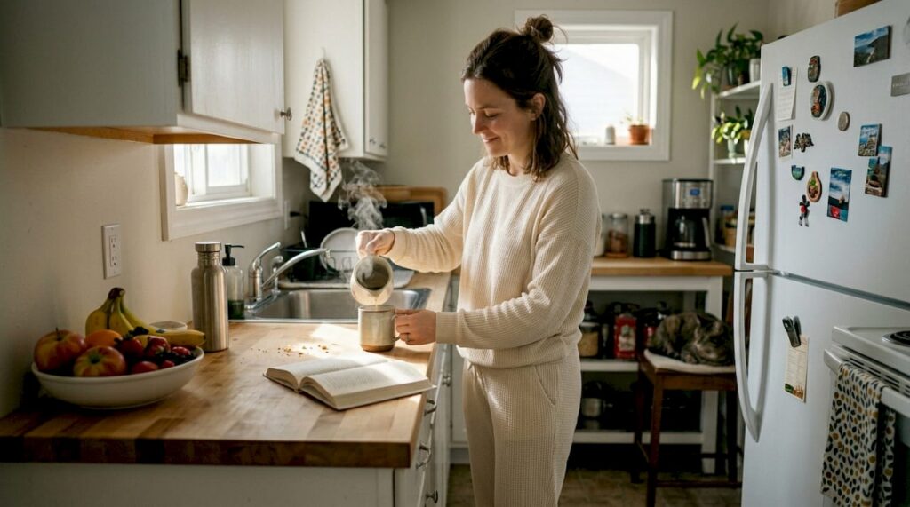 Woman practicing morning self-care at kitchen counter