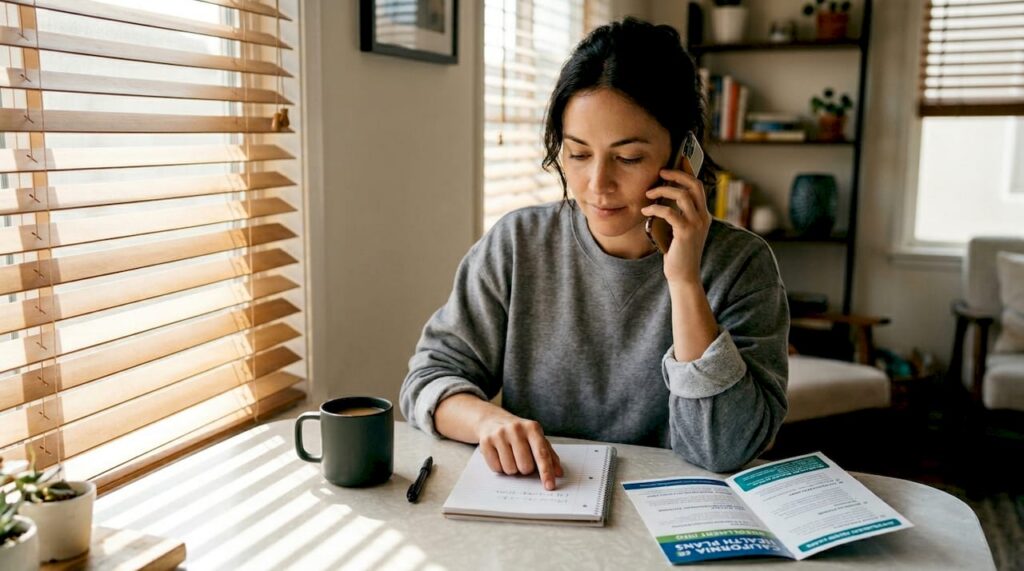 Woman calling rehab hotline in sunlit apartment