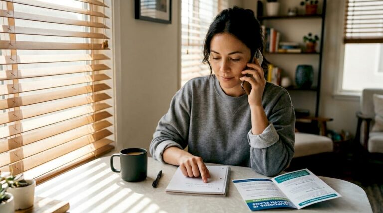 Woman calling rehab hotline in sunlit apartment