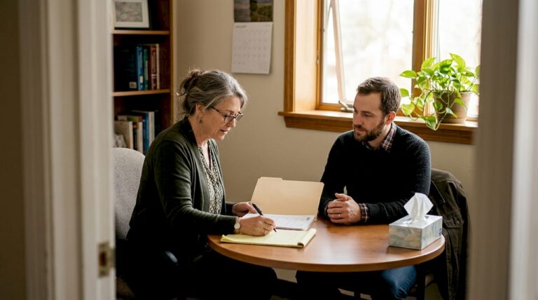 Counselor assessing client in rehab center