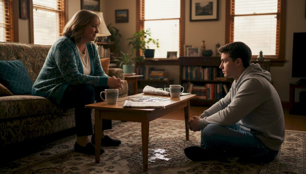 Mother and son have supportive conversation at home