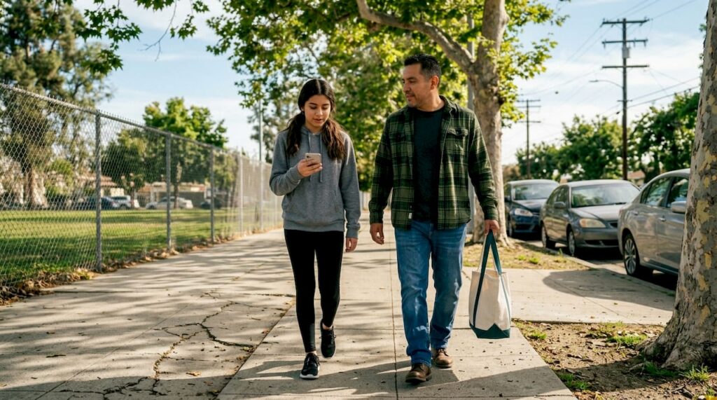 Father and teen daughter walking on LA street