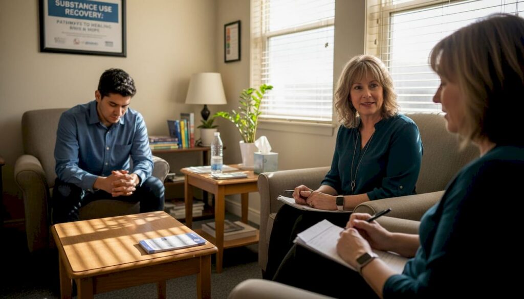 Counselor meeting with client in clinic office