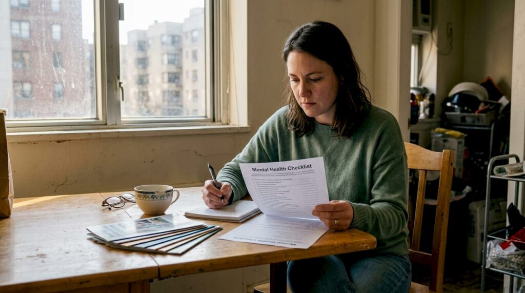 Social worker reviews checklist at living room table