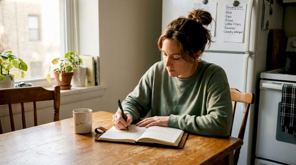 Woman journaling recovery goals at kitchen table