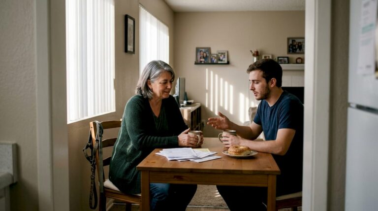 Mother and son discuss addiction over coffee