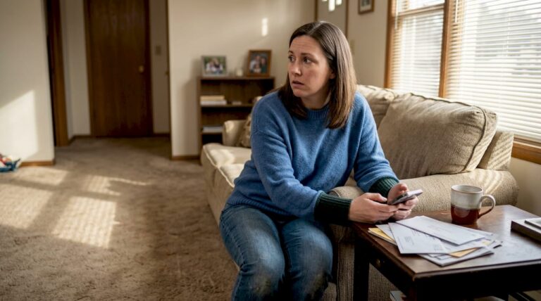 Concerned woman seated in living room setting