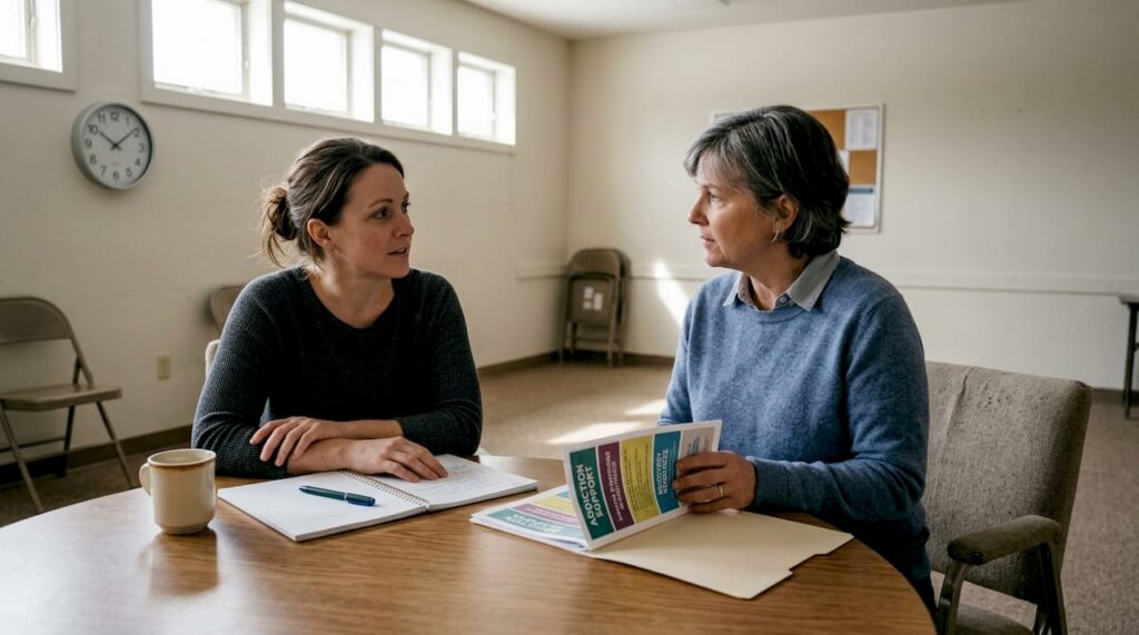 Counselor and woman discuss addiction recovery