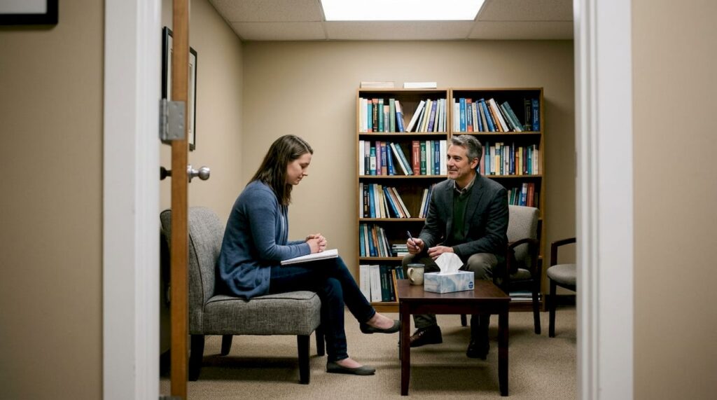 Therapist and patient in real counseling office
