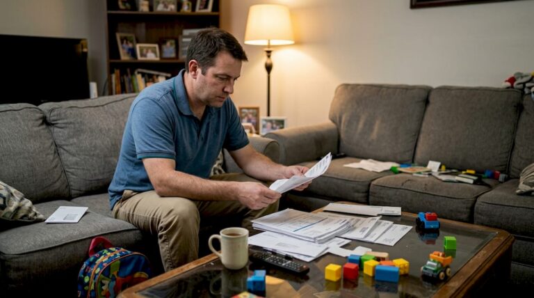 Father reviews bills in cluttered family room