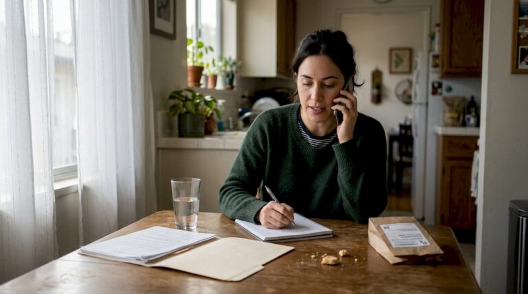 Woman planning aftercare support at kitchen table