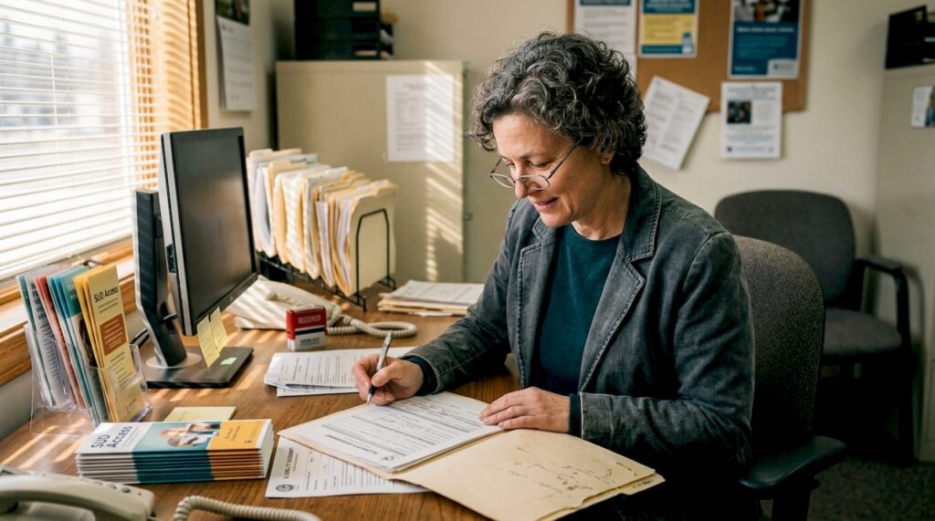 Counselor reviews court program intake paperwork