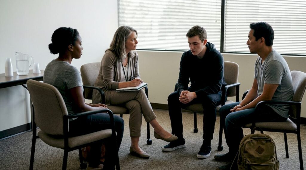 Adults in therapy group meeting room discussion