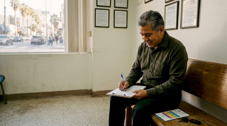 Man filling intake form in LA mental health clinic