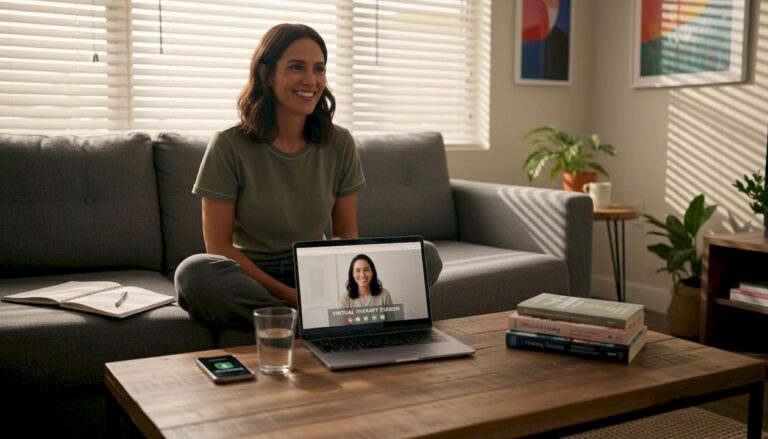 Woman in home joining virtual therapy session