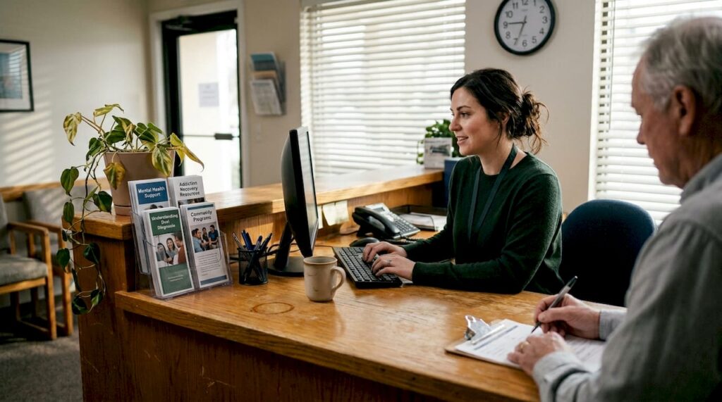 Receptionist at dual diagnosis center desk