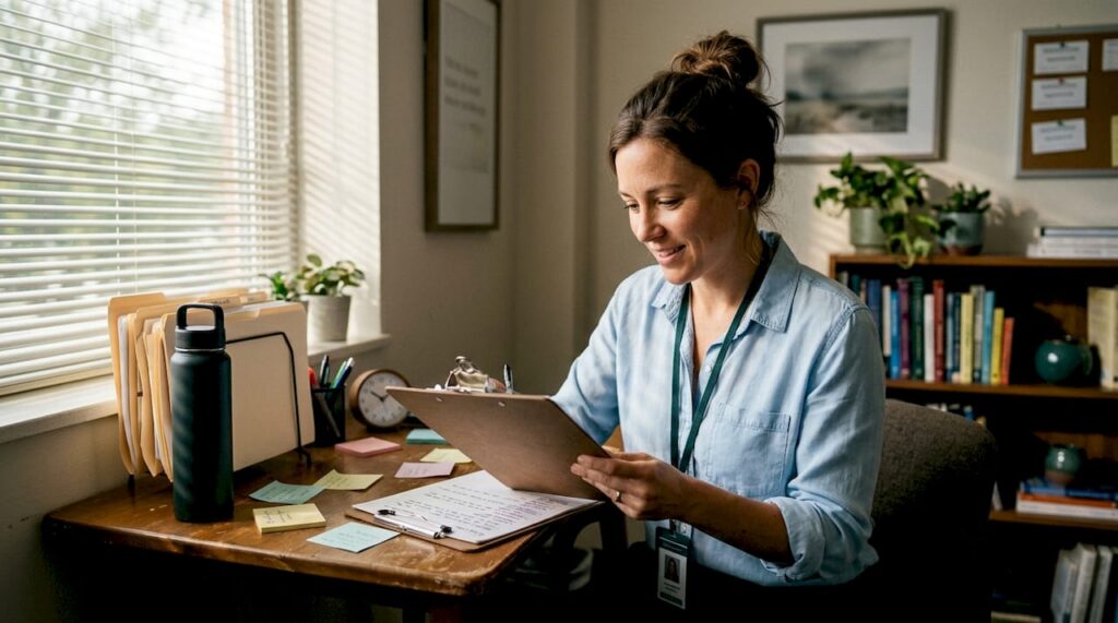 Counselor updating patient treatment plan