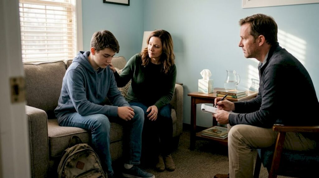 Teen and family during counseling session