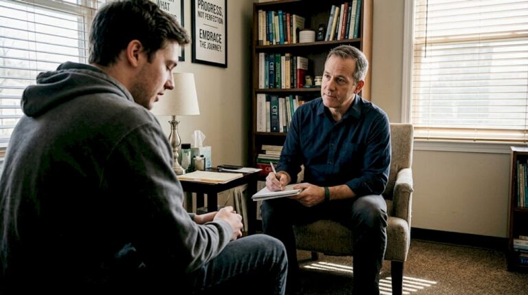 Therapist and client in CBT session for addiction