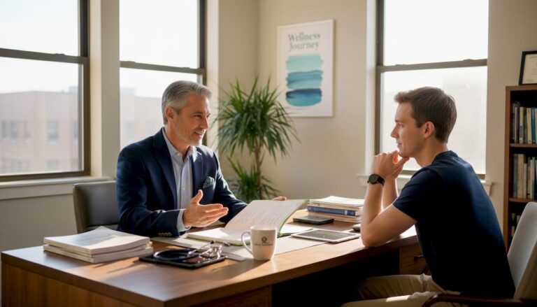 Psychiatrist consults client at city office
