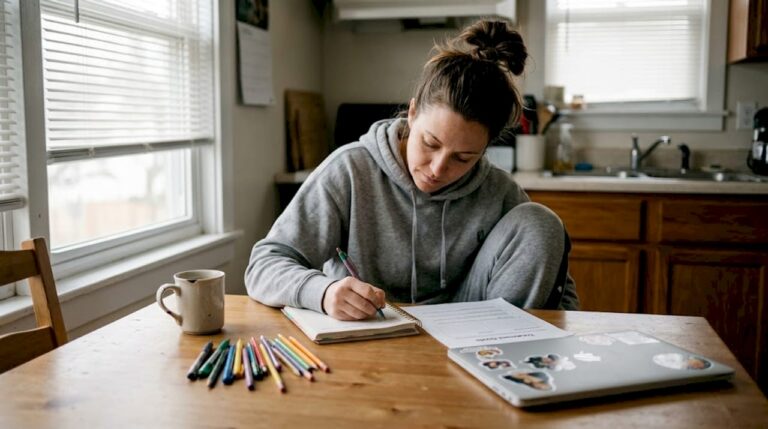 Woman writing recovery plan at kitchen table