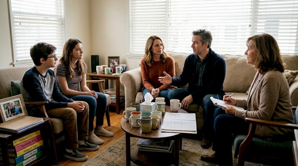 Family and therapist in casual living room session