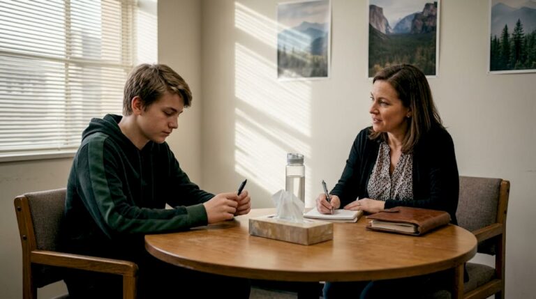 Teen speaking with therapist in LA clinic