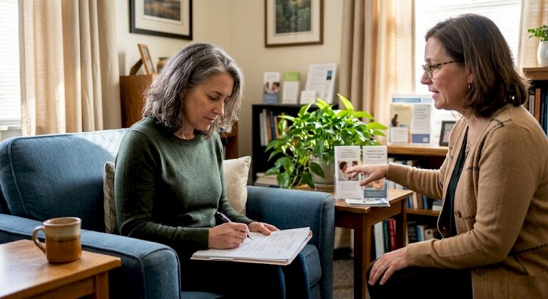 Patient consulting therapist about treatment programs