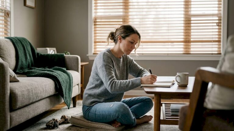 Woman journaling in relaxed family living room