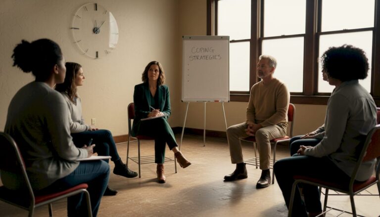 Counselor leads group therapy session in clinic
